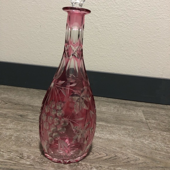 NACHTMANN TRAUBE 14.5" HEAVY CRYSTAL CRANBERRY CUT TO CLEAR DECANTER & glasses - Picture 8 of 9